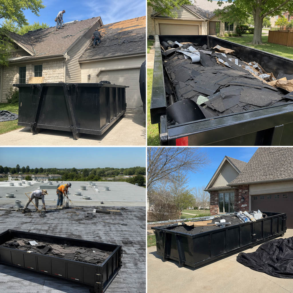 tear-offs in a week, the right dumpster keeps shingles, felt, nails, drip edge, 